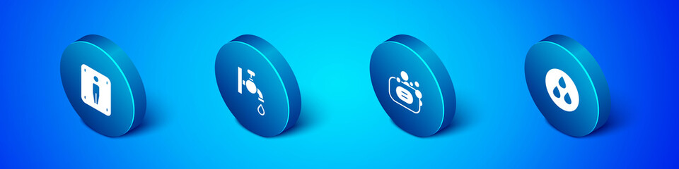 Set Isometric Male toilet, Bar of soap, Water drop and tap icon. Vector