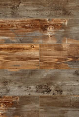 Stylish background and texture of a shabby old wooden plank wall in a coffee beige shade with cracks, knots and stains.