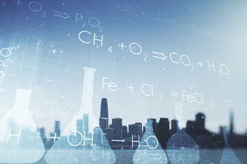 Abstract virtual creative chemistry hologram on San Francisco skyline background. Multiexposure