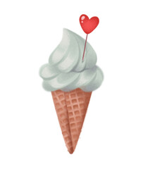 Clipart watercolor pistachio ice cream in a cone. Sweetness with a heart. Summer delicacy. Boho vintage style. Cute illustration in cartoon childish style. The image is isolated on a white background.