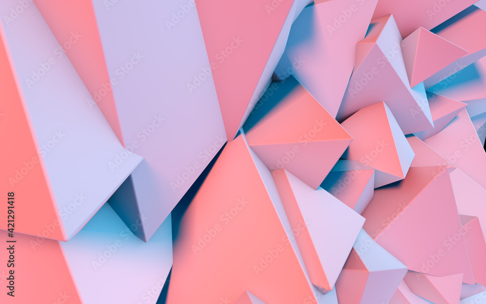 Poster Abstract background with 3D shapes flying in pink and blue light as a messy array or chaotic structure for any pastel colored backdrop. 3D illustration