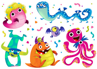 Fototapeta na wymiar Clipart set of children's funny monsters. Halloween and cartoon aliens. Decor for a children's birthday. The image is isolated on a white background.