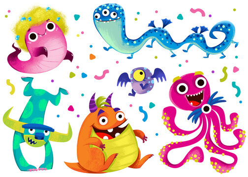 Clipart set of children's funny monsters. Halloween and cartoon aliens. Decor for a children's birthday. The image is isolated on a white background.