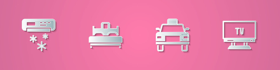 Set paper cut Air conditioner, Bedroom, Taxi car and Smart Tv icon. Paper art style. Vector