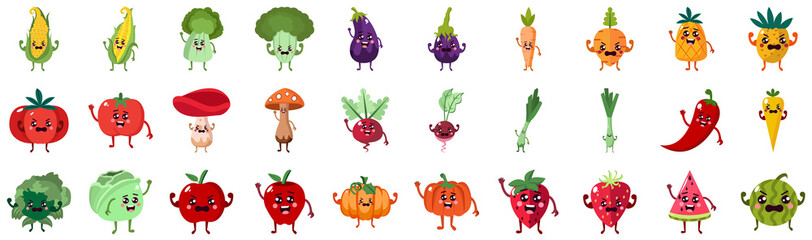 Fruits and vegetables cartoon kawaii set - Vector
