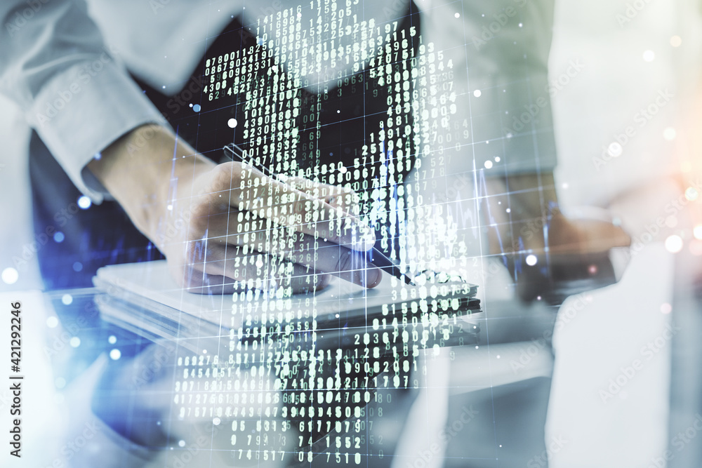 Poster double exposure of creative bitcoin symbol hologram with man hand writing in notepad on background. 
