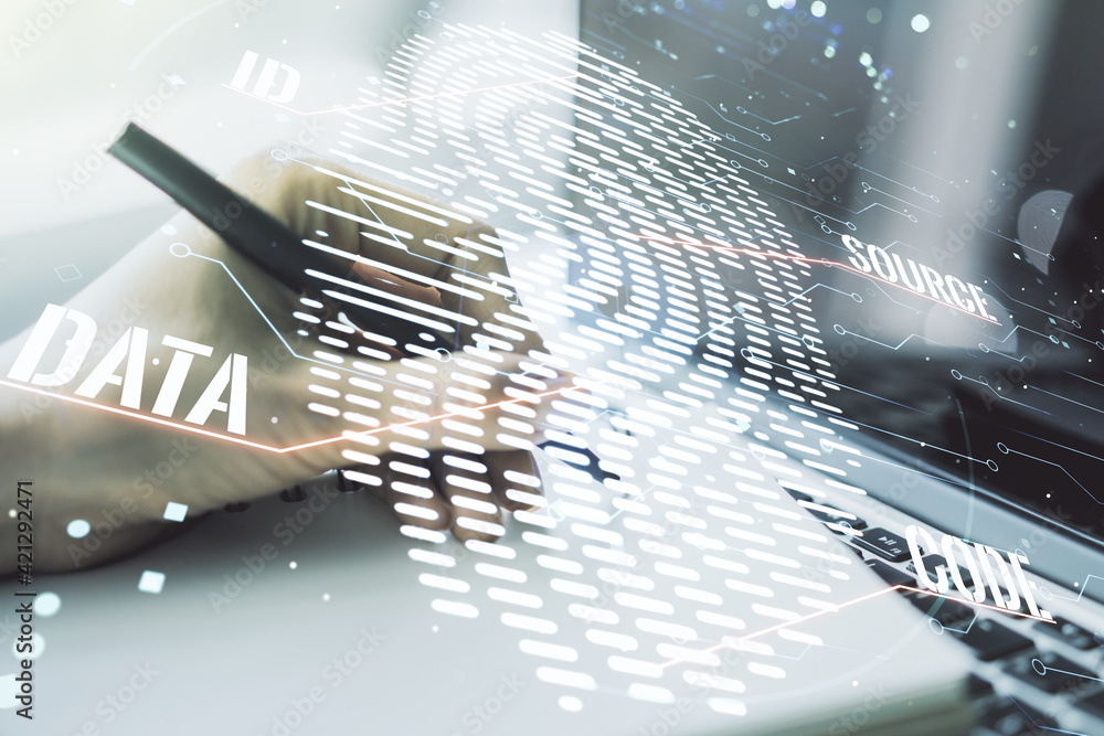 Poster Double exposure of abstract creative fingerprint hologram with hand writing in notepad on background with laptop, protection of personal information concept