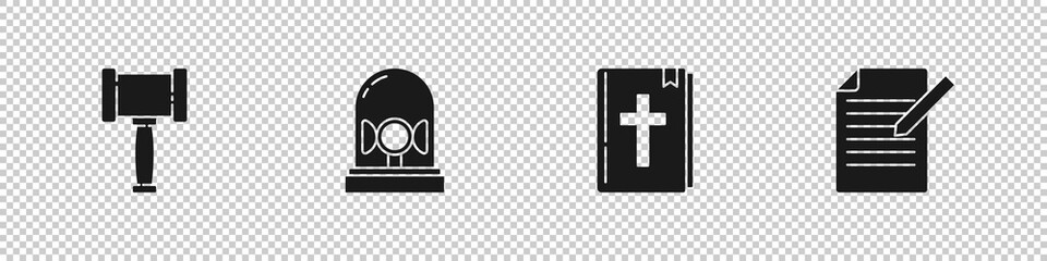 Obraz premium Set Judge gavel, Flasher siren, Holy bible book and Document and pen icon. Vector