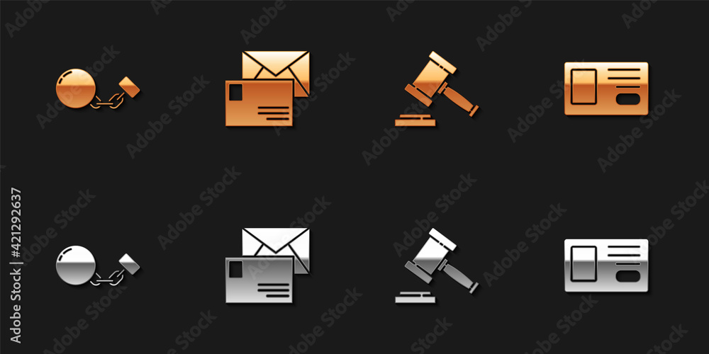 Poster set ball on chain, envelope, judge gavel and identification badge icon. vector