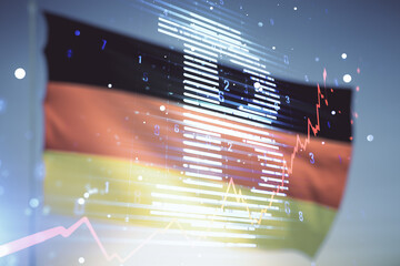 Virtual Bitcoin sketch on German flag and sunset sky background. Double exposure