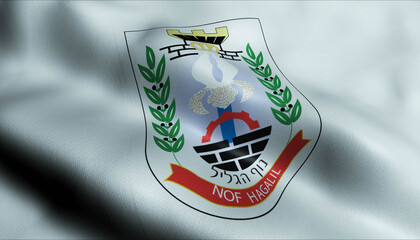 3D Waving Israel City Flag of Nof HaGalil Closeup View