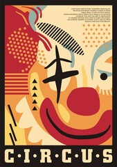 Circus artistic poster design with clown portrait. Abstract graphic for circus show. Modern contemporary vector clown illustration.