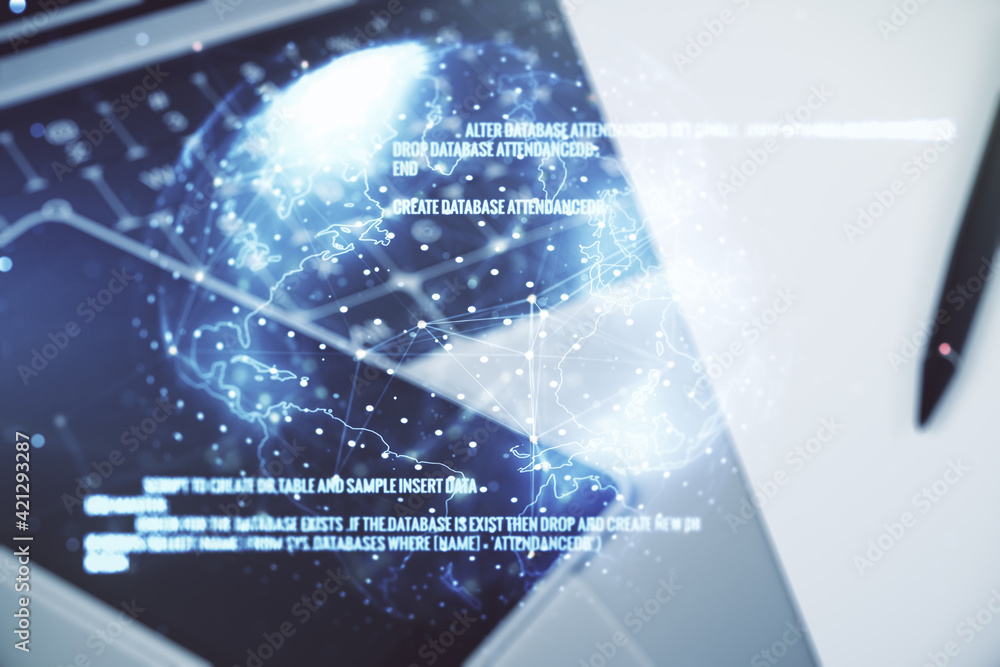 Poster double exposure of abstract creative programming illustration with world map on computer background,