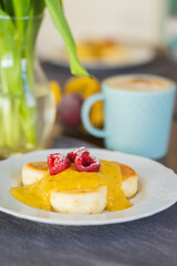 Delicious and beautiful breakfast for family on wooden table.