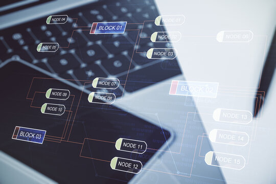 Abstract creative coding illustration on modern computer background, software development concept. Multiexposure
