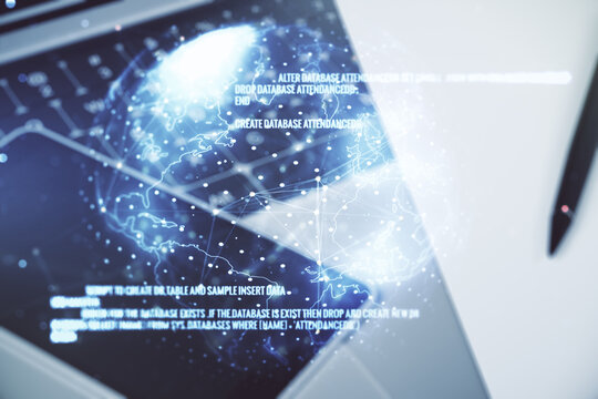 Double exposure of abstract creative programming illustration with world map on computer background, big data and blockchain concept