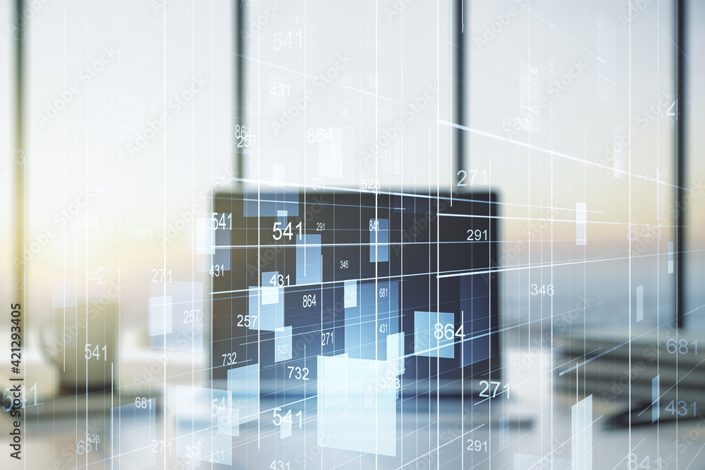 Poster double exposure of abstract creative statistics data hologram on computer background, analytics and 