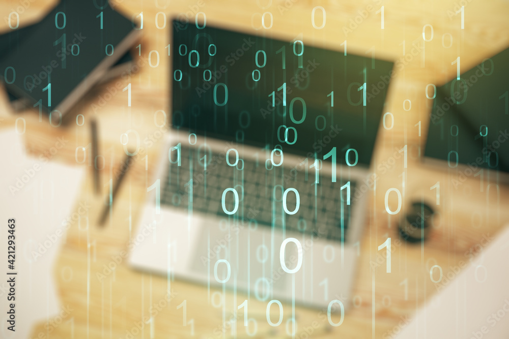 Poster creative concept of binary code illustration on modern laptop background. big data and coding concep