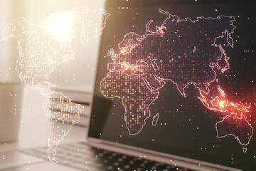 Abstract creative digital world map on modern computer background, globalization concept....