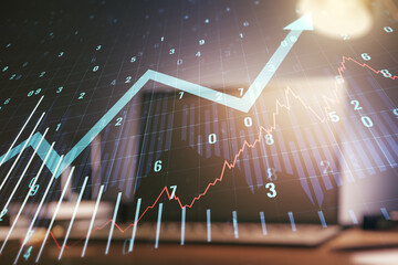 Multi exposure of abstract financial graph with upward arrow on modern computer background, financial and trading concept