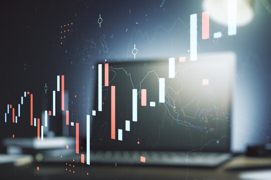 Double exposure of abstract creative financial chart on modern laptop background, research and strategy concept