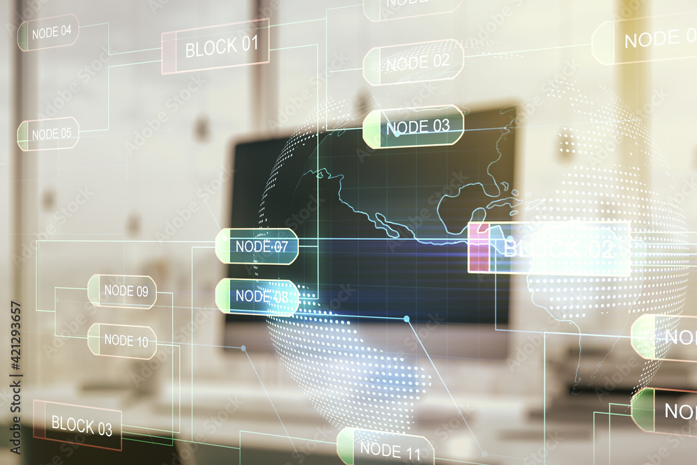 Poster abstract creative coding concept with world map on modern laptop background. multiexposure