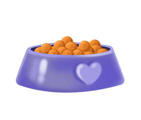 The food bowl is purple. A treat for animals. Cat or dog food. Cute illustration in cartoon style. The image is isolated on a white background.
