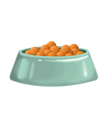 The food bowl is green. A treat for animals. Cat or dog food. Cute illustration in cartoon style. The image is isolated on a white background.