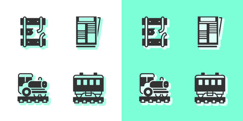 Set Passenger train cars, Broken rails on railway, Vintage locomotive and News icon. Vector