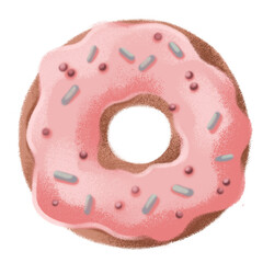 Donut with pink cream and powder. Baking for the holiday. Cute illustration in cartoon style. The image is isolated on a white background.