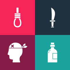 Set pop art Alcohol drink Rum, Pirate captain, sword and Gallows rope loop hanging icon. Vector