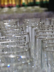 Set of champagne glasses on the table of a banquet hall