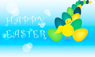 Easter greeting card with cute chicken and colorful eggs