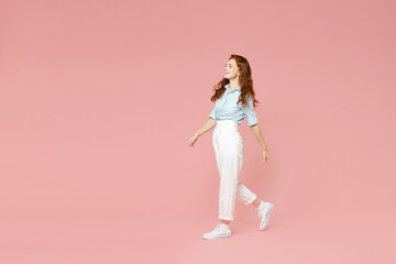 Full length body of young student positive smiling stylish happy caucasian redhead woman 20s...