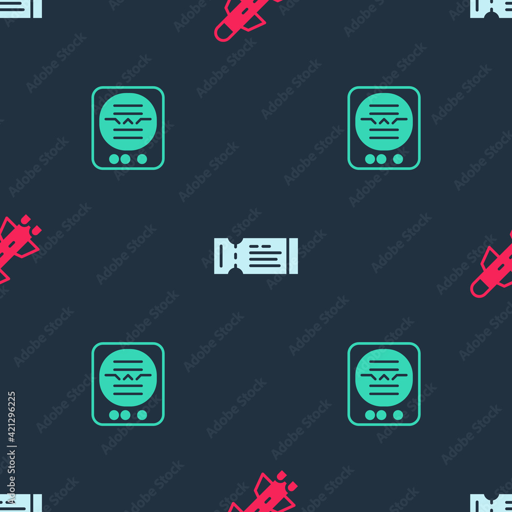 Poster set rocket, airline ticket and attitude indicator on seamless pattern. vector