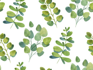 Plakat Watercolor Greenery pattern, Green Eucalyptus Foliage Clip Art, Greenery Leaves, Green Leaf Print, Seamless pattern, green branches, Frame with green branches