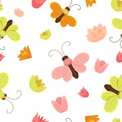 Butterflies and flower buds seamless pattern. Insects with red fishnet wings and green netting tracery circling around pink and orange vector inflorescences.