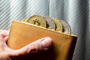 Mão segurando carteira cheia de tokens de Bitcoins. Criptomoedas ouro e prata com fundo desfocado.