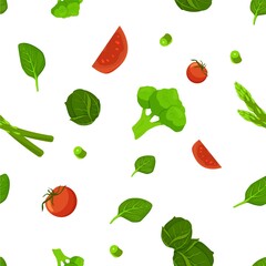 Tomatoes with salad and cabbage seamless pattern. Green broccoli swirl with red tomato slices and vector asparagus leaf.