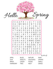 Hello Spring word search puzzle with cherry blossom. Logic game for learning English words.   Educational game.Crossword suitable for social media post. Сolorful vector  worksheet. 