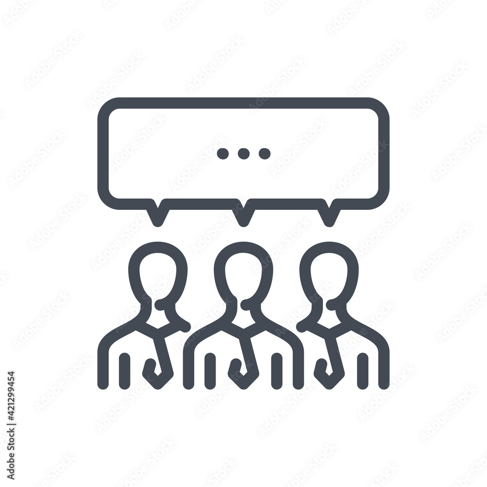 Poster brainstorming and general discussion line icon. team conversation vector outline sign.