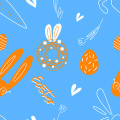 Easter pattern on a blue background from orange wreaths and hares.