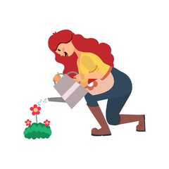 Isolated woman watering plants - VEctor illustration design