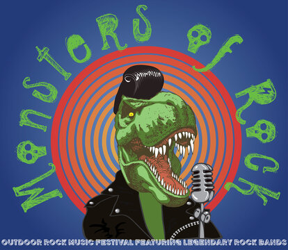 
vector image of monsters of rock rock festival poster with singing tyrannosaurus in cartoon style