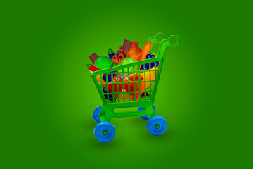 Toy shopping venture with different toy food ,Background color green
