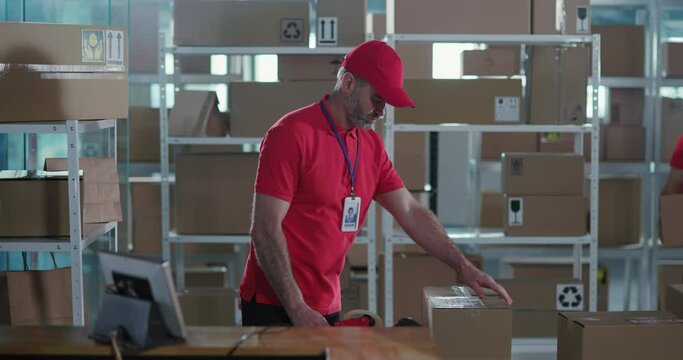 Diverse Professional Couple of Caucasian Workers in Post Office Wearing Masks Communicating and Packing Delivery Boxes Together on Pandemic Coronavirus Quarantine.