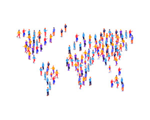 Crowd people in shape earth map isometric illustration. Groups characters lined up with world continents analysis human population and vector size.