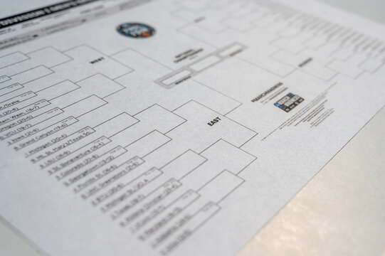 Tiffin, Iowa, USA - 3/2021: Selective Focus On Eastern Region Of A Printed NCAA 2021 Tournament Bracket