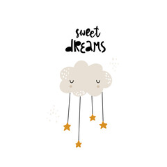 Child vector cartoon illustration with cute cloud, stars and hand drawn text. Sweet dreams lettering. Ideal for poster, kids room decoration, card,invitations,print.Trendy scandinavian print.