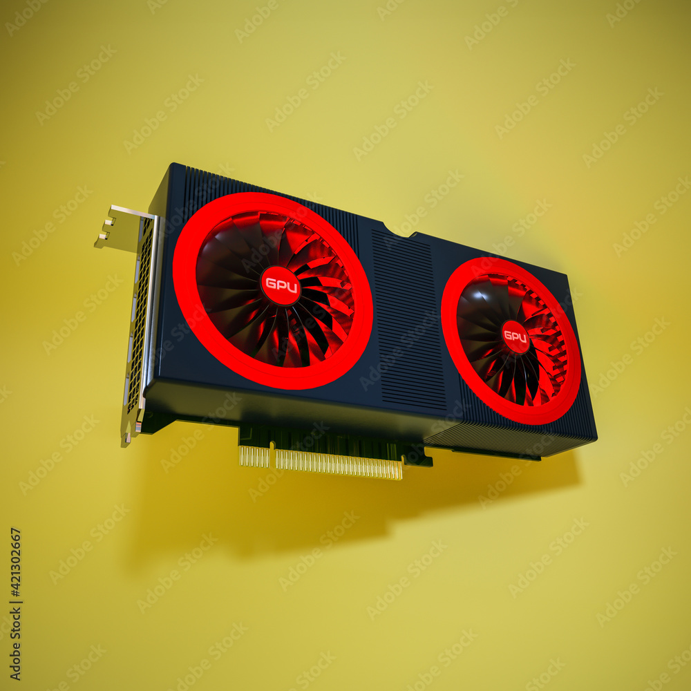 Poster modern video card on a yellow background. three-dimensional computer background of the gpu. 3d rende